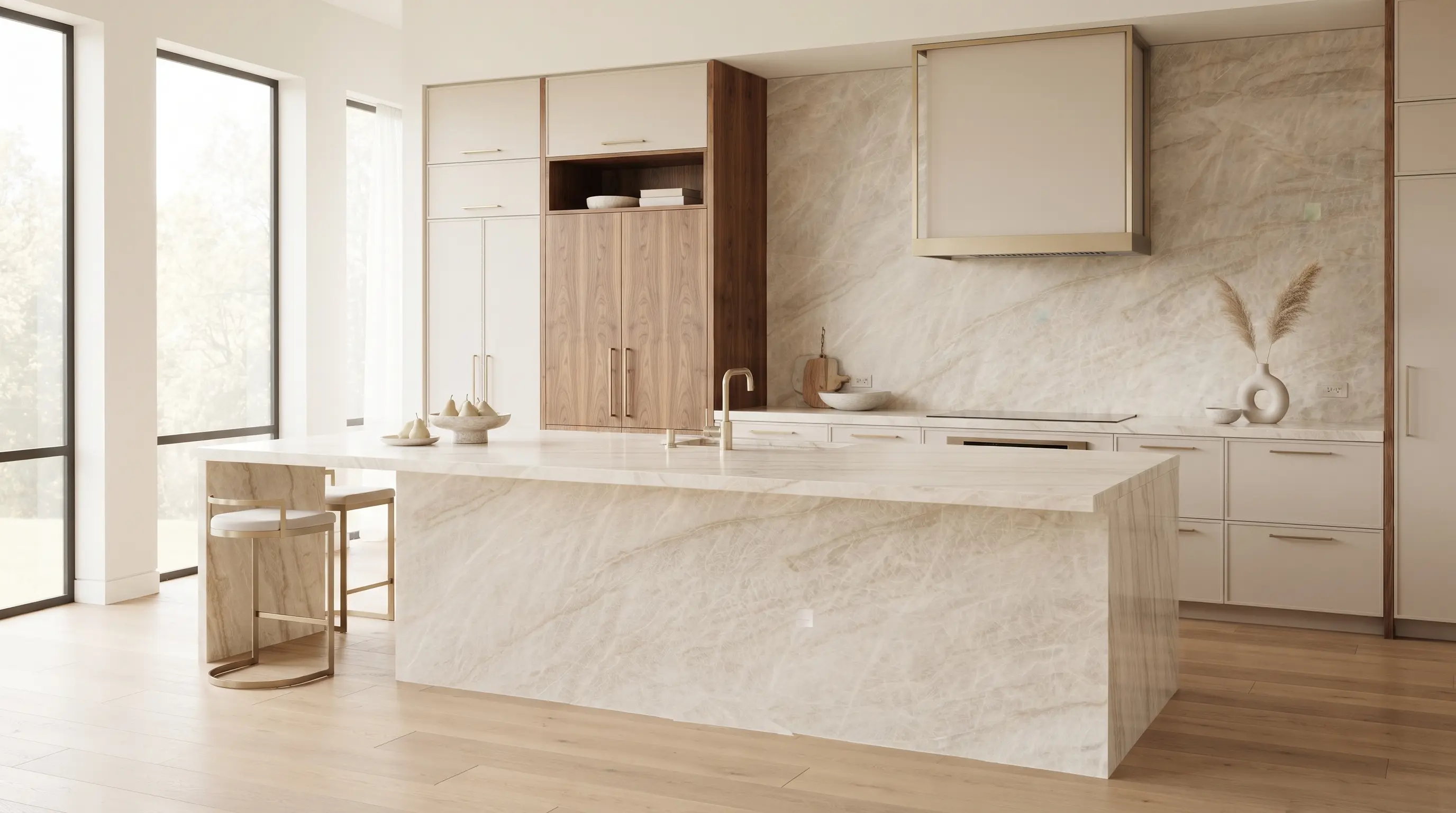 Taj Mahal quartzite kitchen island with warm stone surface