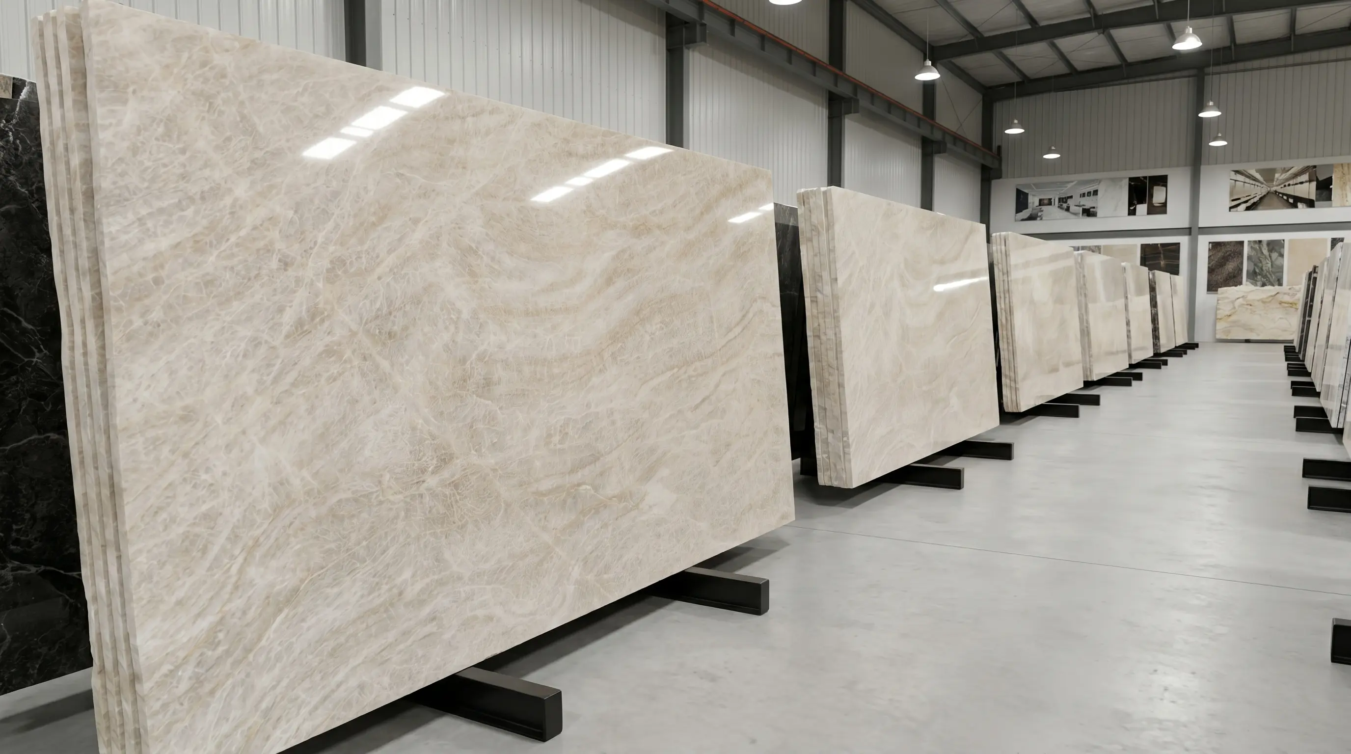 Taj Mahal Quartzite slab selection in factory showroom