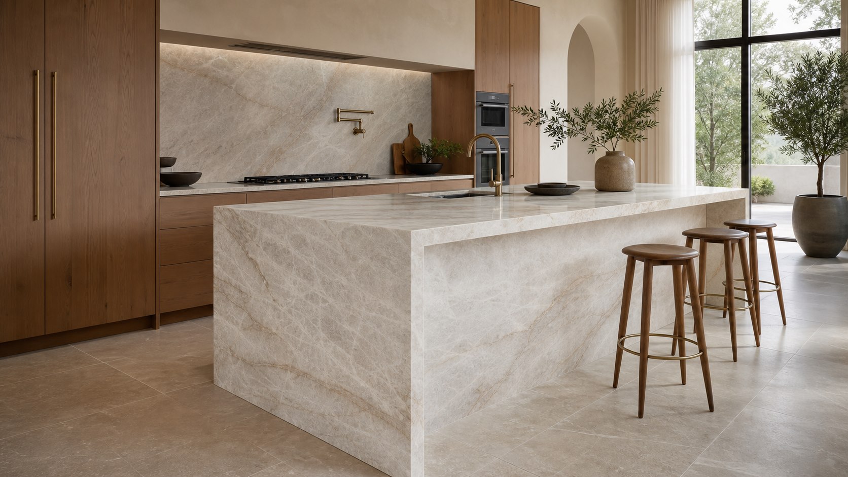 Taj Mahal quartzite waterfall kitchen island material visualization