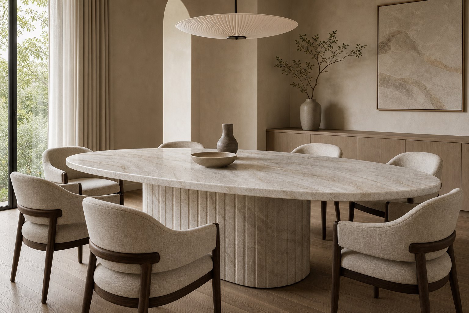 Custom Taj Mahal quartzite dining table material visualization